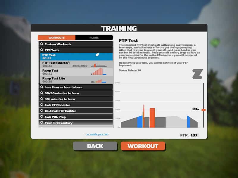 Zwift FTP Test Menu
