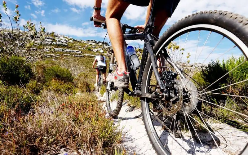 Mountain bike trail with wheel close up