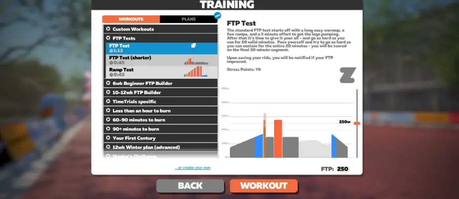 FTP Test on Zwift menu