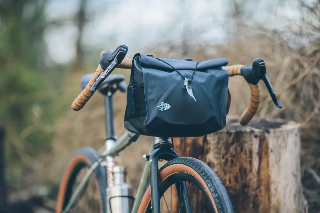 Front of gravel bike with handlebar bag