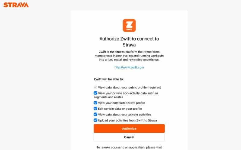 Strava authorization page